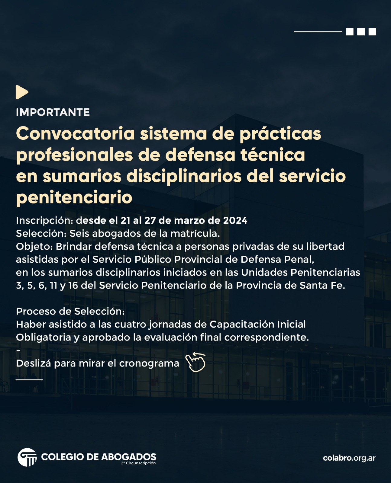 CONVOCATORIA SISTEMA DE PRÁCTICAS PROFESIONALES DE DEFENSA TÉCNICA EN SUMARIOS DISCIPLINARIOS DEL SERVICIO PENITENCIARIO - 2024